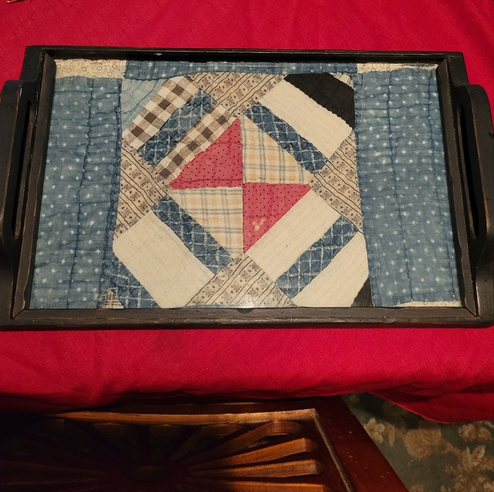 Farmhouse Quilt framed serving tray navy wood frame cutter quilt under glass